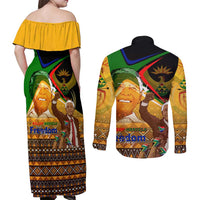 Nelson Mandela Happy Freedom Day Couples Matching Off Shoulder Maxi Dress and Long Sleeve Button Shirt South Africa Heritage Victory Art