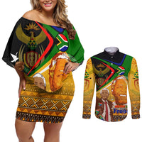 Nelson Mandela Happy Freedom Day Couples Matching Off Shoulder Short Dress and Long Sleeve Button Shirt South Africa Heritage Victory Art