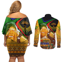 Nelson Mandela Happy Freedom Day Couples Matching Off Shoulder Short Dress and Long Sleeve Button Shirt South Africa Heritage Victory Art