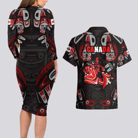 Haida Canada Day Couples Matching Long Sleeve Bodycon Dress and Hawaiian Shirt Totem Inspired Maple Leaf Indigenous Art