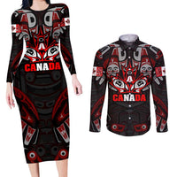 Haida Canada Day Couples Matching Long Sleeve Bodycon Dress and Long Sleeve Button Shirt Totem Inspired Maple Leaf Indigenous Art