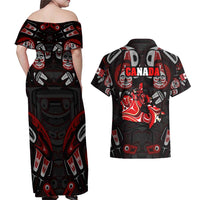 Haida Canada Day Couples Matching Off Shoulder Maxi Dress and Hawaiian Shirt Totem Inspired Maple Leaf Indigenous Art