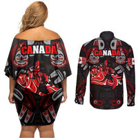 Haida Canada Day Couples Matching Off Shoulder Short Dress and Long Sleeve Button Shirt Totem Inspired Maple Leaf Indigenous Art