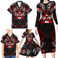 Haida Canada Day Family Matching Long Sleeve Bodycon Dress and Hawaiian Shirt Totem Inspired Maple Leaf Indigenous Art