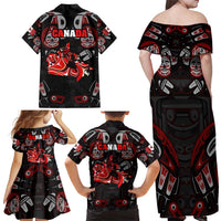 Haida Canada Day Family Matching Off Shoulder Maxi Dress and Hawaiian Shirt Totem Inspired Maple Leaf Indigenous Art