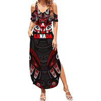 Haida Canada Day Family Matching Summer Maxi Dress and Hawaiian Shirt Totem Inspired Maple Leaf Indigenous Art