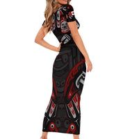Haida Canada Day Short Sleeve Bodycon Dress Totem Inspired Maple Leaf Indigenous Art