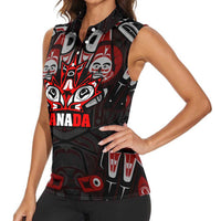 Haida Canada Day Women Sleeveless Polo Shirt Totem Inspired Maple Leaf Indigenous Art