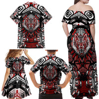 Haida Wolf Family Matching Off Shoulder Maxi Dress and Hawaiian Shirt Canada Indigenous Art