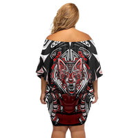 Haida Wolf Family Matching Off Shoulder Short Dress and Hawaiian Shirt Canada Indigenous Art