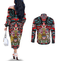 Canada Coat of Arms Haida Couples Matching Off The Shoulder Long Sleeve Dress and Long Sleeve Button Shirt Maple Leaf Flag Indigenous Art