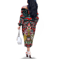 Canada Coat of Arms Haida Family Matching Off The Shoulder Long Sleeve Dress and Hawaiian Shirt Maple Leaf Flag Indigenous Art