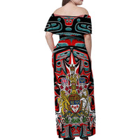 Canada Coat of Arms Haida Family Matching Off Shoulder Maxi Dress and Hawaiian Shirt Maple Leaf Flag Indigenous Art