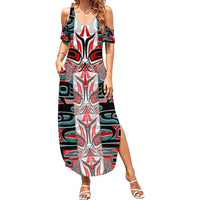 Canada Coat of Arms Haida Family Matching Summer Maxi Dress and Hawaiian Shirt Maple Leaf Flag Indigenous Art