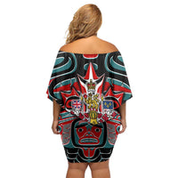 Canada Coat of Arms Haida Off Shoulder Short Dress Maple Leaf Flag Indigenous Art