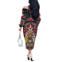 Canada Coat of Arms Haida Off The Shoulder Long Sleeve Dress Maple Leaf Flag Indigenous Art