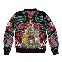 Canada Coat of Arms Haida Sleeve Zip Bomber Jacket Maple Leaf Flag Indigenous Art