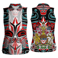 Canada Coat of Arms Haida Women Sleeveless Polo Shirt Maple Leaf Flag Indigenous Art