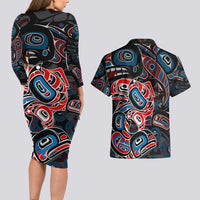 Haida Native Art Fish Couples Matching Long Sleeve Bodycon Dress and Hawaiian Shirt Canada Indigenous Art