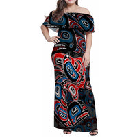 Haida Native Art Fish Family Matching Off Shoulder Maxi Dress and Hawaiian Shirt Canada Indigenous Art