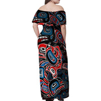 Haida Native Art Fish Family Matching Off Shoulder Maxi Dress and Hawaiian Shirt Canada Indigenous Art