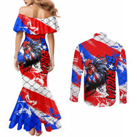 Boricua Pride Rooster Flag Puerto Rico Couples Matching Mermaid Dress and Long Sleeve Button Shirt