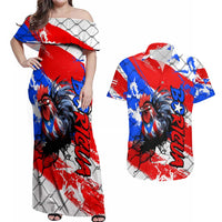Boricua Pride Rooster Flag Puerto Rico Couples Matching Off Shoulder Maxi Dress and Hawaiian Shirt
