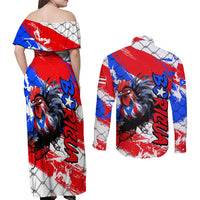 Boricua Pride Rooster Flag Puerto Rico Couples Matching Off Shoulder Maxi Dress and Long Sleeve Button Shirt
