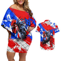 Boricua Pride Rooster Flag Puerto Rico Couples Matching Off Shoulder Short Dress and Hawaiian Shirt