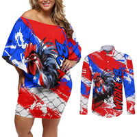 Boricua Pride Rooster Flag Puerto Rico Couples Matching Off Shoulder Short Dress and Long Sleeve Button Shirt