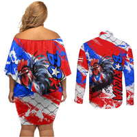 Boricua Pride Rooster Flag Puerto Rico Couples Matching Off Shoulder Short Dress and Long Sleeve Button Shirt