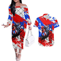 Boricua Pride Rooster Flag Puerto Rico Couples Matching Off The Shoulder Long Sleeve Dress and Hawaiian Shirt
