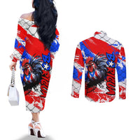 Boricua Pride Rooster Flag Puerto Rico Couples Matching Off The Shoulder Long Sleeve Dress and Long Sleeve Button Shirt