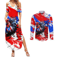 Boricua Pride Rooster Flag Puerto Rico Couples Matching Summer Maxi Dress and Long Sleeve Button Shirt