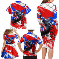 Boricua Pride Rooster Flag Puerto Rico Family Matching Long Sleeve Bodycon Dress and Hawaiian Shirt