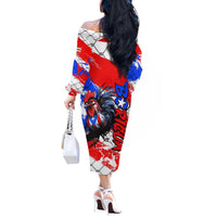 Boricua Pride Rooster Flag Puerto Rico Off The Shoulder Long Sleeve Dress