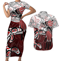 Haida Orca and Eagle Battle Couples Matching Short Sleeve Bodycon Dress and Hawaiian Shirt Canada Pacific Northwest Tribal Art