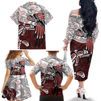 Haida Orca and Eagle Battle Family Matching Off The Shoulder Long Sleeve Dress and Hawaiian Shirt Canada Pacific Northwest Tribal Art