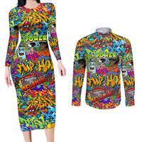Hip Hop Graffiti Art Couples Matching Long Sleeve Bodycon Dress and Long Sleeve Button Shirts Black Power - Wonder Print Shop
