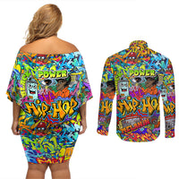 Hip Hop Graffiti Art Couples Matching Off Shoulder Short Dress and Long Sleeve Button Shirts Black Power - Wonder Print Shop