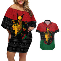 Personalized Queen In Pan-African Colors Couples Matching Off Shoulder Short Dress and Hawaiian Shirt Egyptian Beautiful Goddess - Wonder Print Shop