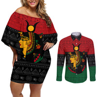 Personalized Queen In Pan-African Colors Couples Matching Off Shoulder Short Dress and Long Sleeve Button Shirt Egyptian Beautiful Goddess - Wonder Print Shop