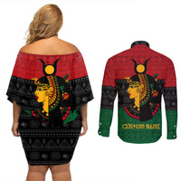 Personalized Queen In Pan-African Colors Couples Matching Off Shoulder Short Dress and Long Sleeve Button Shirt Egyptian Beautiful Goddess - Wonder Print Shop