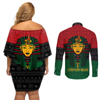 Personalized Pharaoh In Pan-African Colors Couples Matching Off Shoulder Short Dress and Long Sleeve Button Shirt Ancient Egypt - Wonder Print Shop