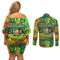 Personalized Colorful African Unapologetically Black Couples Matching Off Shoulder Short Dress and Long Sleeve Button Shirt - Wonder Print Shop