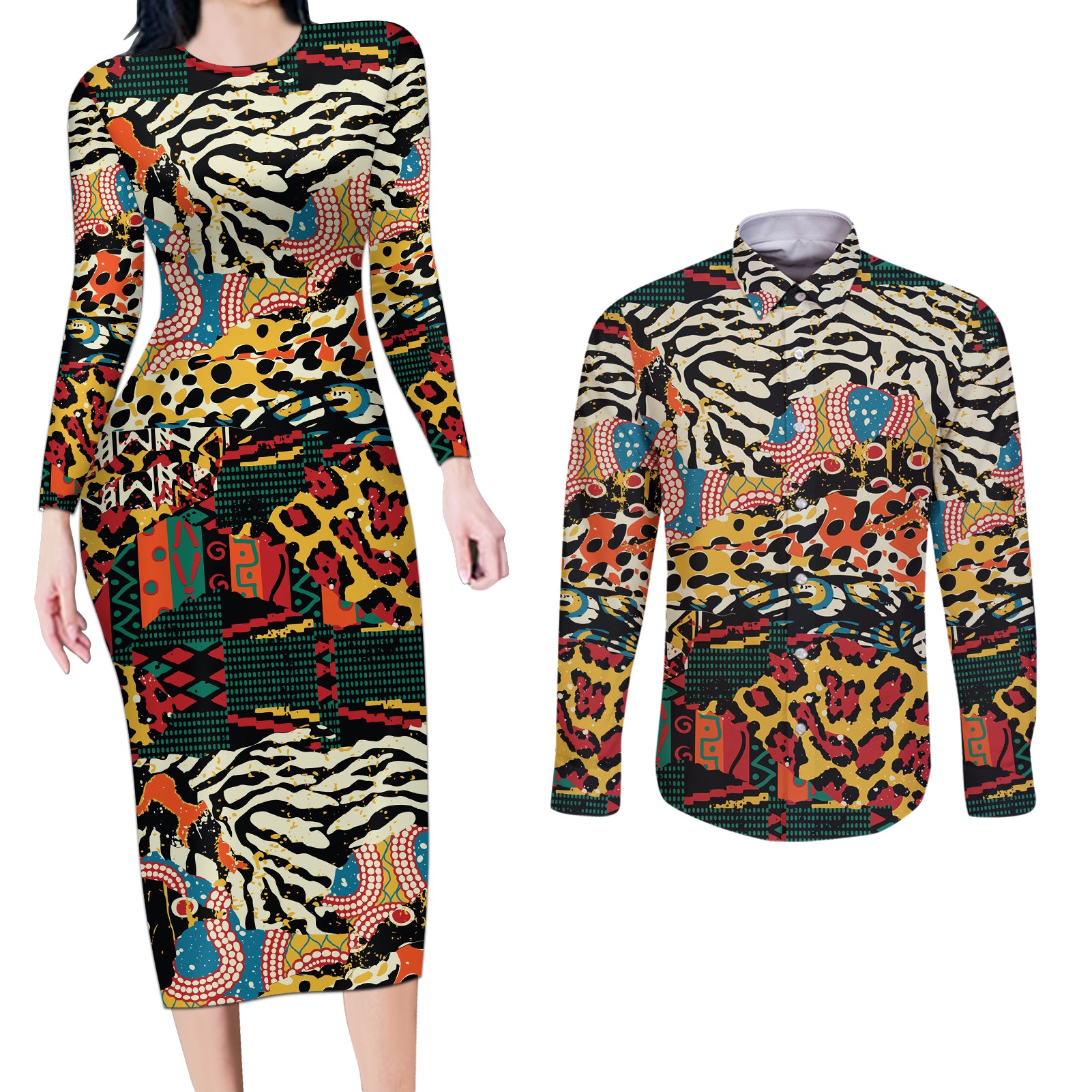 Africa Animal Pattern Couples Matching Long Sleeve Bodycon Dress and Long Sleeve Button Shirt