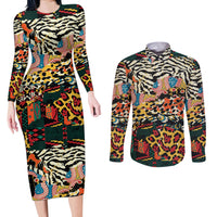 Africa Animal Pattern Couples Matching Long Sleeve Bodycon Dress and Long Sleeve Button Shirt - Wonder Print Shop