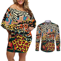 Africa Animal Pattern Couples Matching Off Shoulder Short Dress and Long Sleeve Button Shirt - Wonder Print Shop
