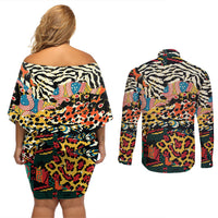 Africa Animal Pattern Couples Matching Off Shoulder Short Dress and Long Sleeve Button Shirt - Wonder Print Shop