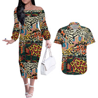 Africa Animal Pattern Couples Matching Off The Shoulder Long Sleeve Dress and Hawaiian Shirt - Wonder Print Shop